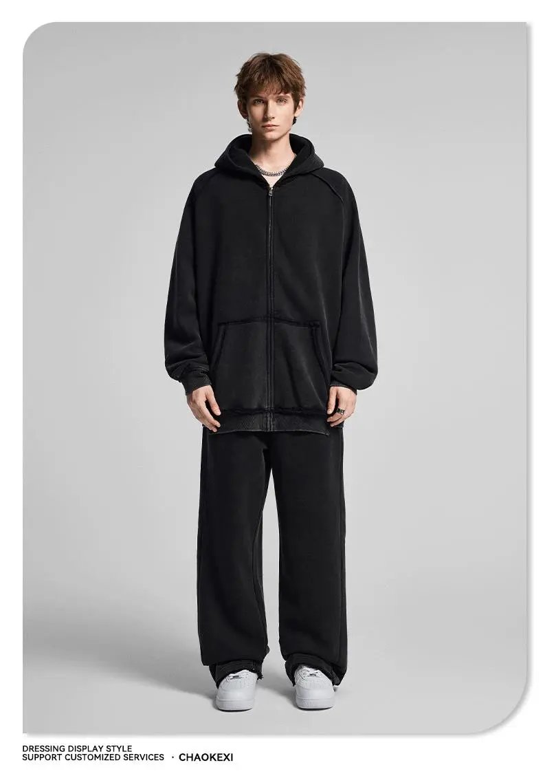 Men's Retro Washed Heavy Fleece Tracksuit Set, Onyx - Gallery Image 3 - Detailed View