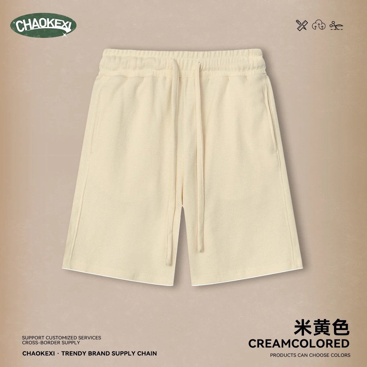 Men's Waffle Knit Shorts Casual 5-Pocket Cream - ChaoKeXi - Cnfans - $20.32