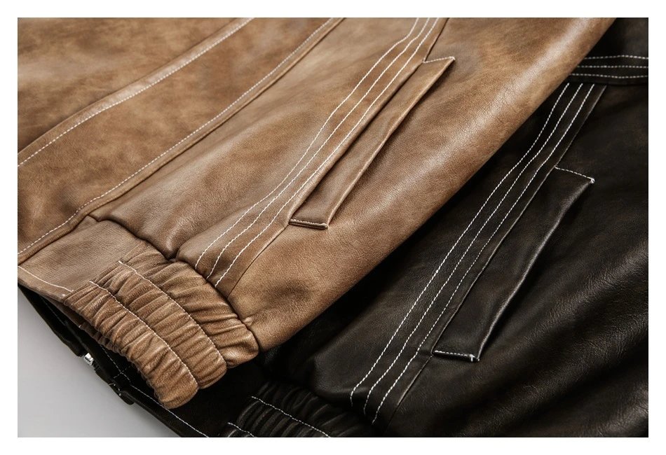 Men's Retro PU Leather Biker Jacket Spring Fall, Cognac - Gallery Image 9 - Detailed View