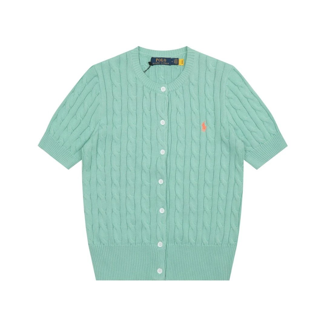 Knit Slim Fit Short Sleeve Cardigan Tee Aquamarine - Ralph Lauren - Cnfans - $28.06