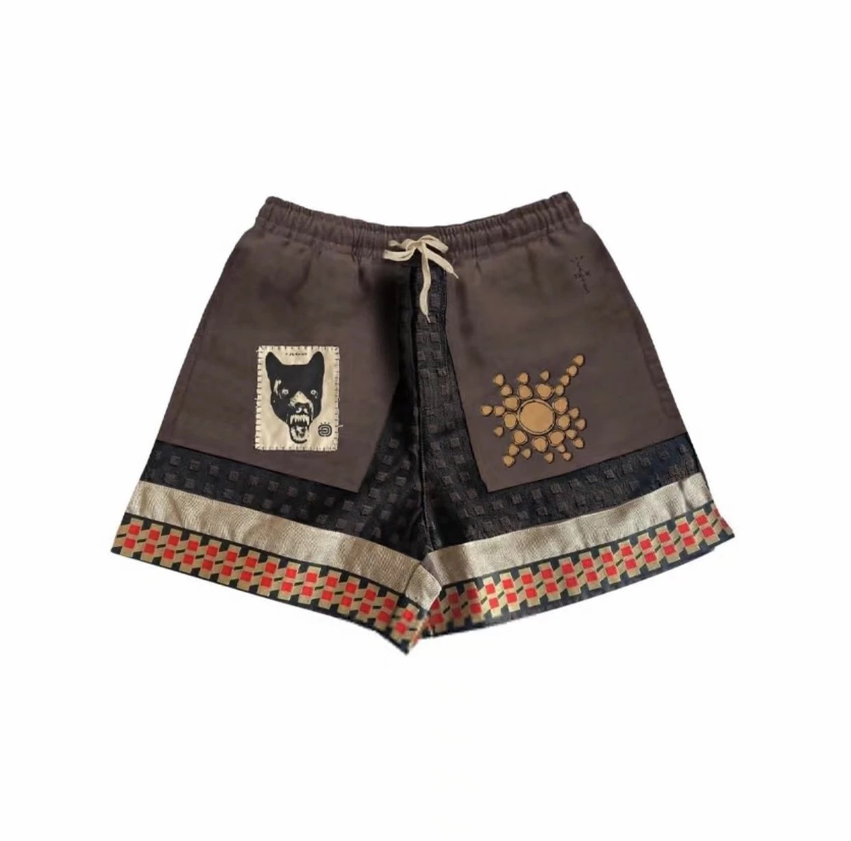 Ethnic Patchwork Beach Shorts Mocha Brown - Gallery Image 1 - Detailed View