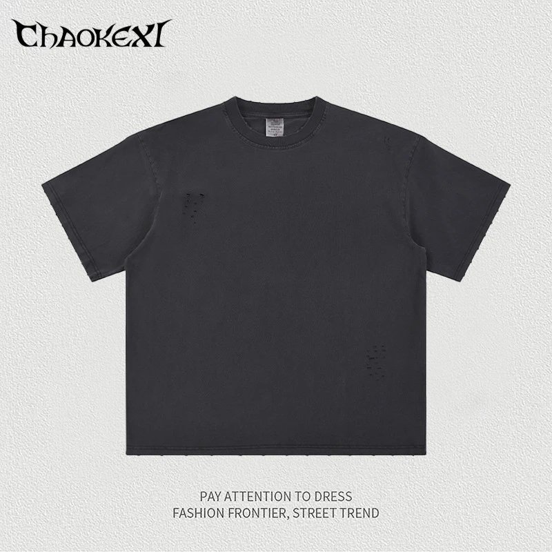 Vintage Distressed Men's Tee, Washed Black - CHAOKEXI - Cnfans - $20.32