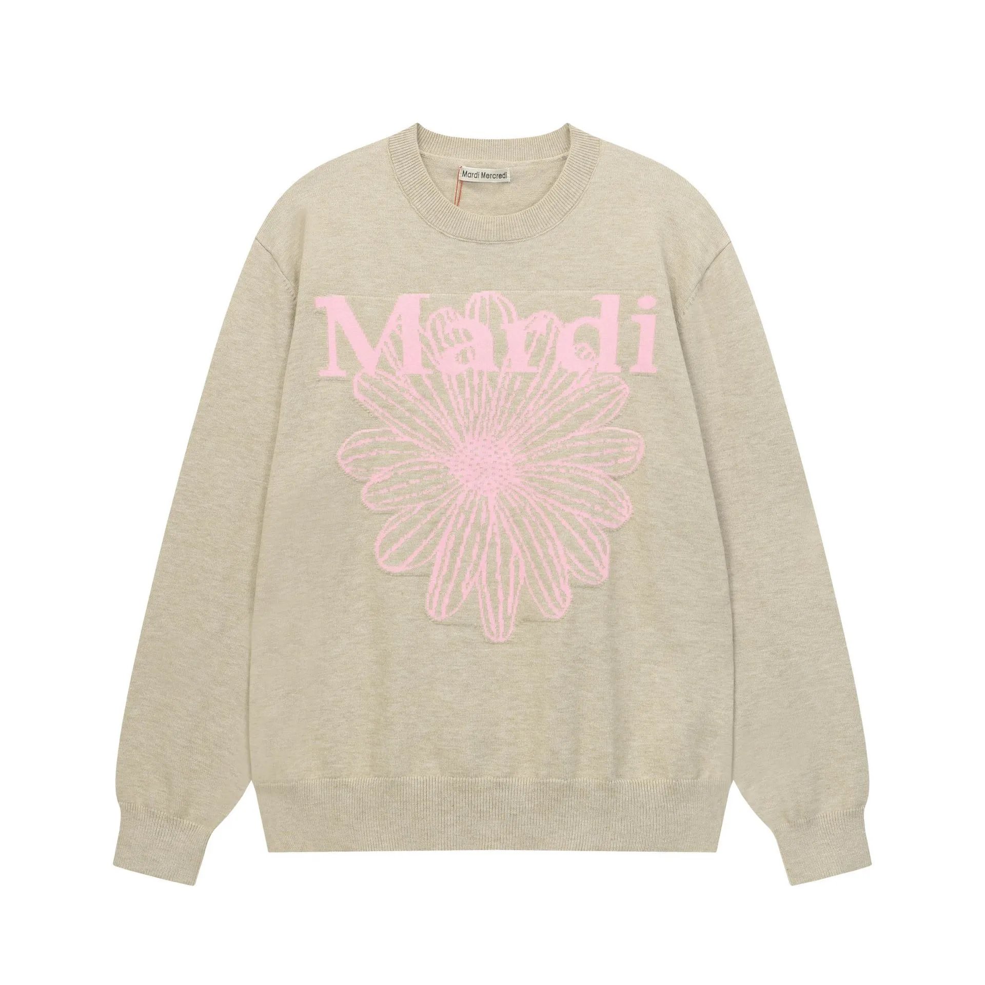 Women's Floral Knit Round Neck Pullover, Greige - Gallery Image 5 - Detailed View