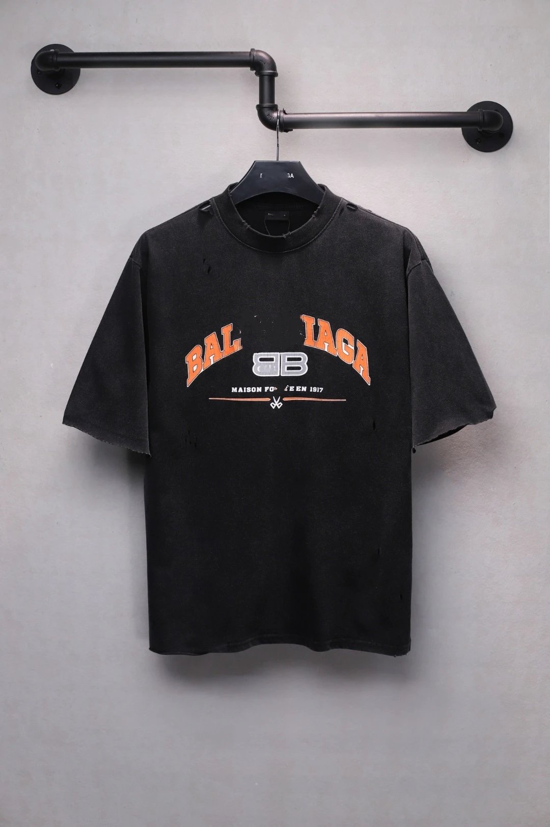 Unisex Oversized Distressed Graphic Tee, Washed Charcoal - Balenciaga - Cnfans - $28.39