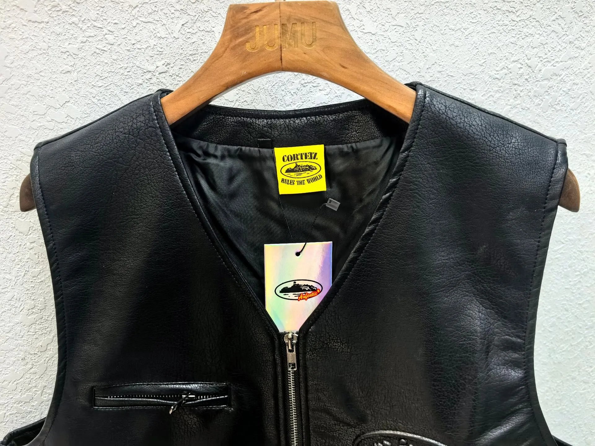 Street PU Biker Vest Ebony Ivory - Gallery Image 3 - Detailed View