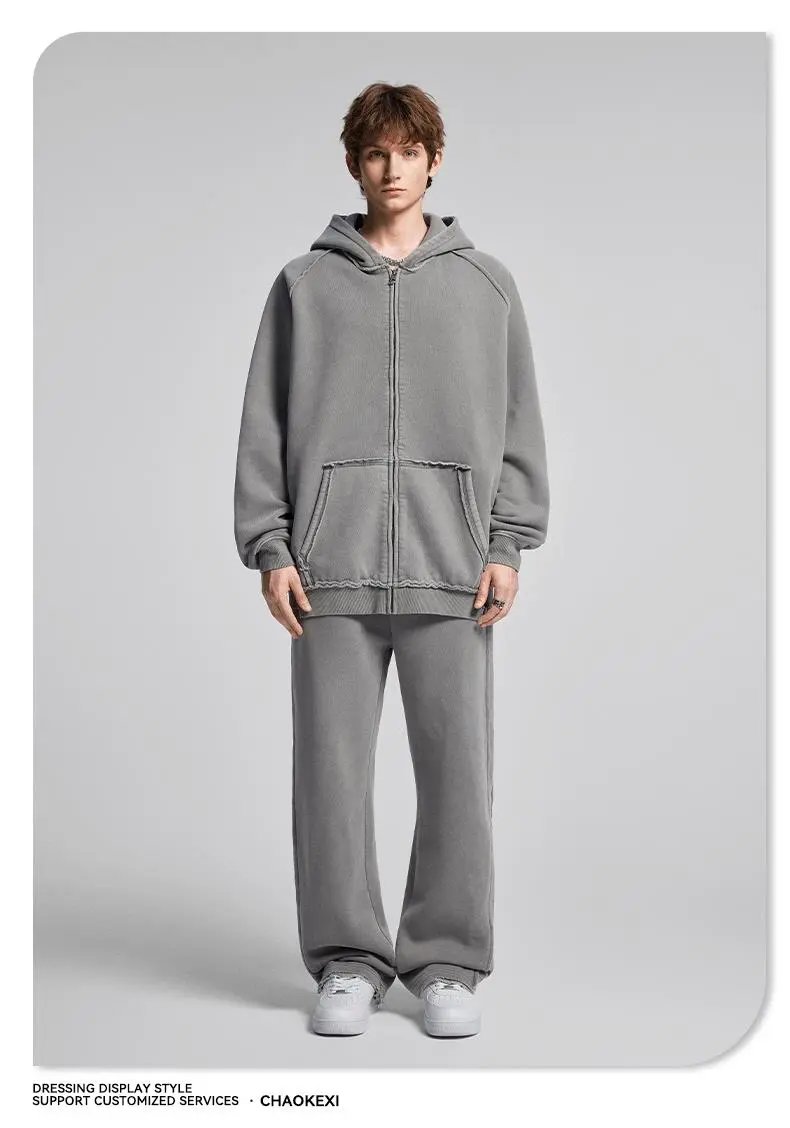 Men's Retro Washed Heavy Fleece Tracksuit Set, Onyx - Gallery Image 5 - Detailed View