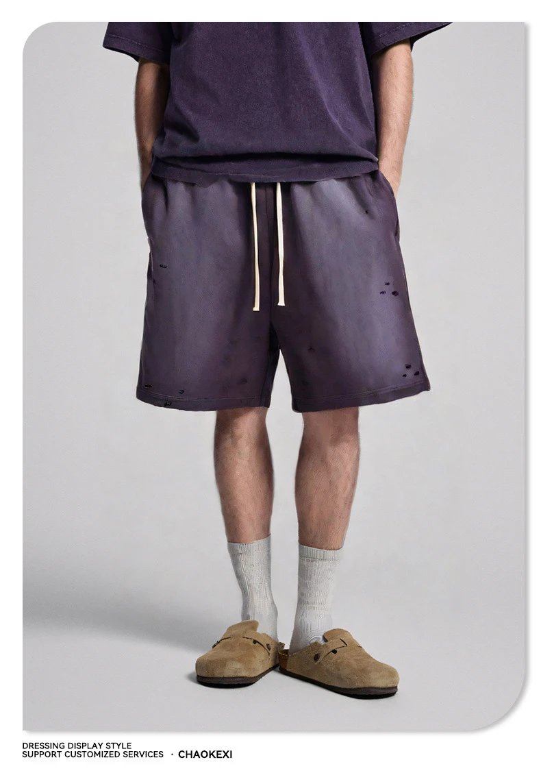 Men's Distressed Cotton Summer Shorts, Aubergine - ChaoKeXi - Cnfans - $24.19