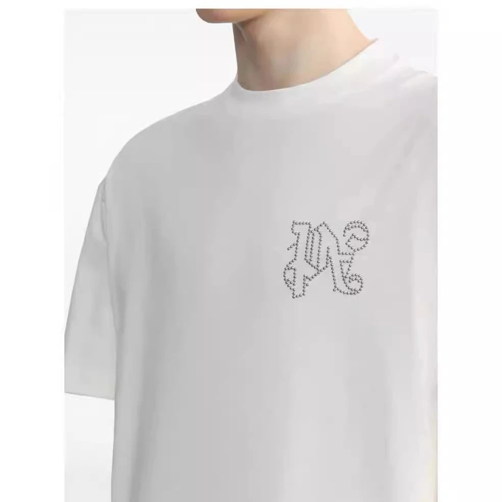 Unisex Rhinestone Logo Streetwear Cotton T-Shirt Ivory - Gallery Image 12 - Detailed View