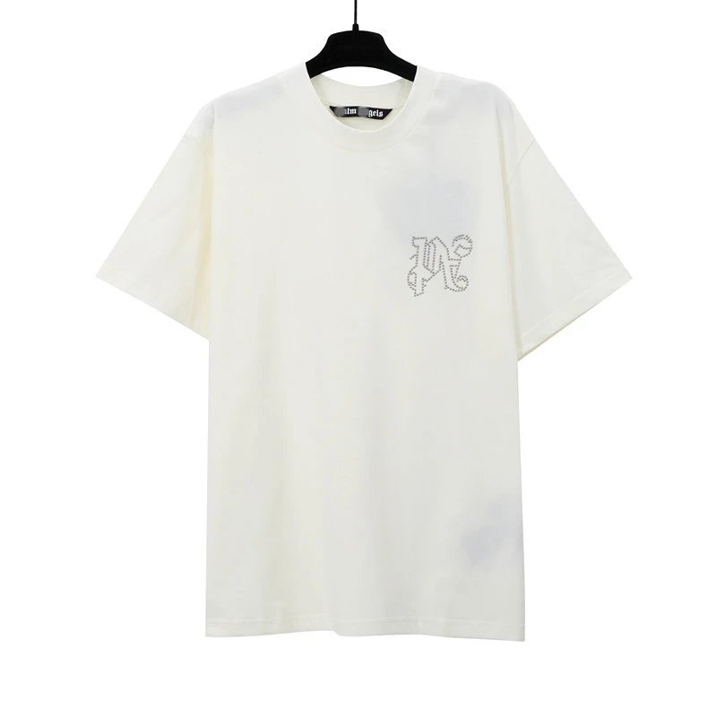 Unisex Rhinestone Logo Streetwear Cotton T-Shirt Ivory - Gallery Image 4 - Detailed View