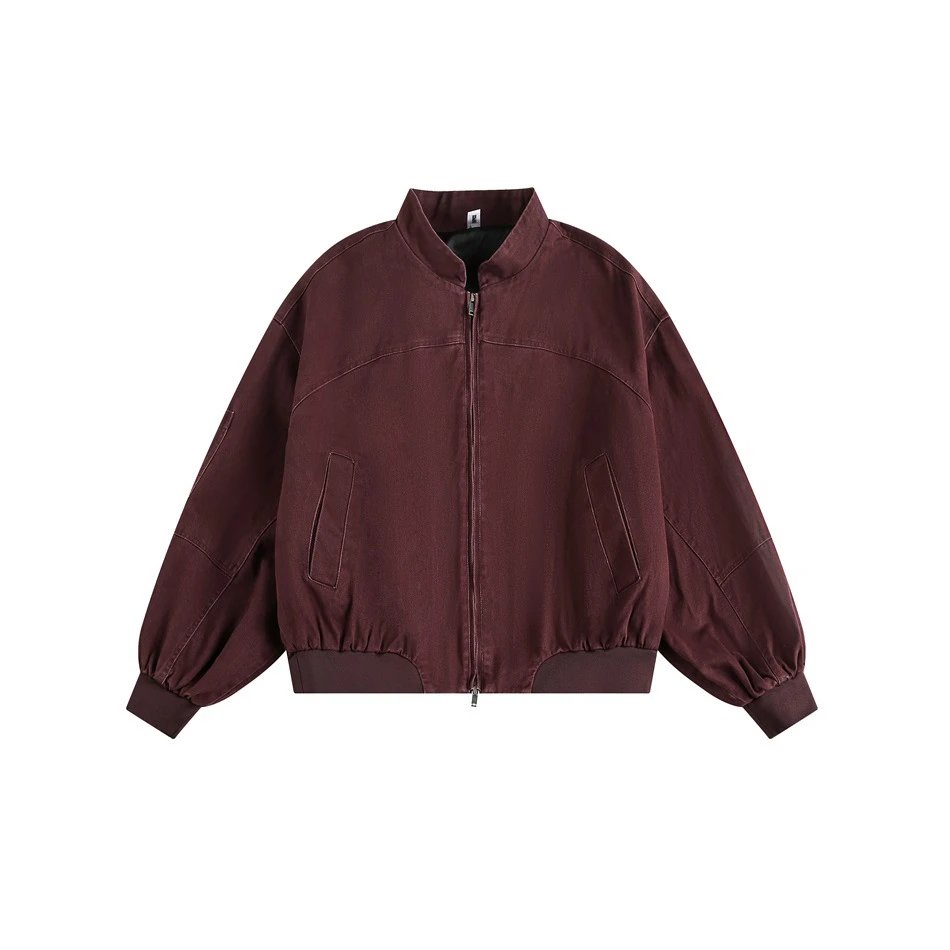 Unisex Retro Washed Loose Bomber Jacket Merlot - Gallery Image 9 - Detailed View