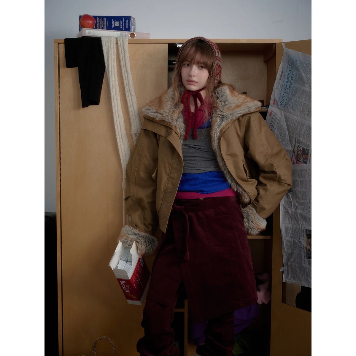 Women's Winter Oversized Faux Fur Bomber Jacket Camel - Gallery Image 2 - Detailed View