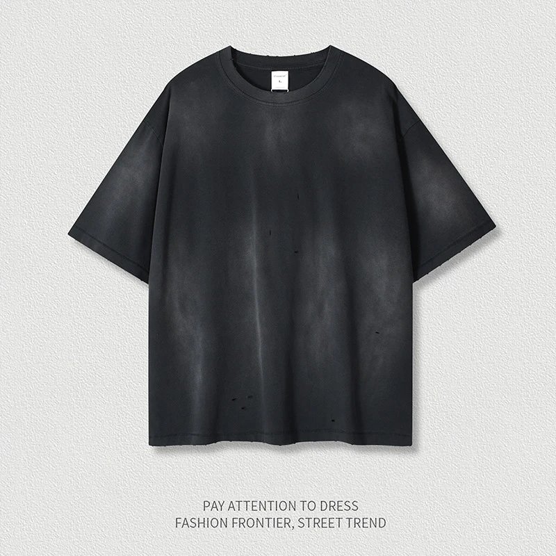 Mens Street Style Cotton Tee Distressed Faded Black - CHAOKEXI - Cnfans - $22.58
