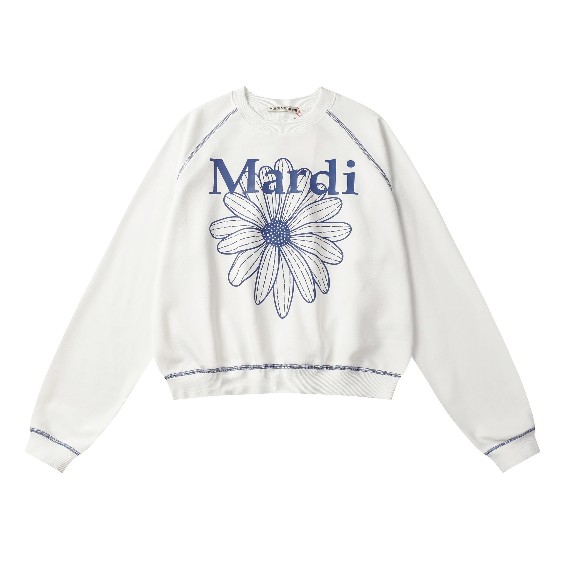 Women's Loose Fit Raglan Daisy Print Sweatshirt Ecru Blue - Mardi Mercredi - Cnfans - $28.06