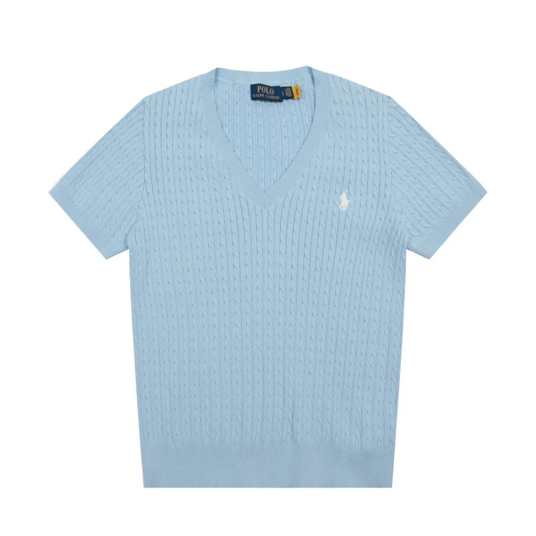 Women's Cable-Knit V-Neck Cotton Tee Shirt Sky Blue - Ralph Lauren - Cnfans - $26.45