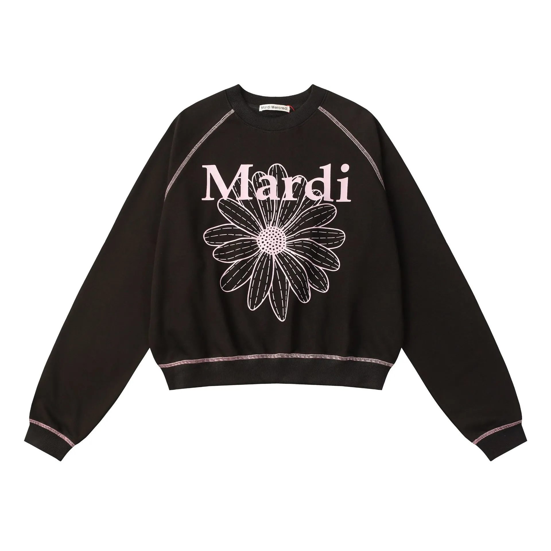 Unisex K-Fashion Raglan Daisy Print Sweatshirt Jet Black - Mardi Mercredi - Cnfans - $28.06