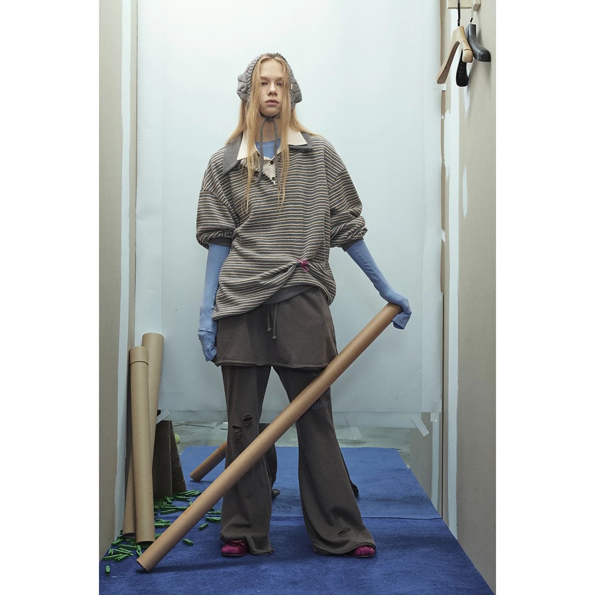 Oversized Striped Polo Shirt Unisex Long Sleeve Layered Obsidian - Gallery Image 4 - Detailed View