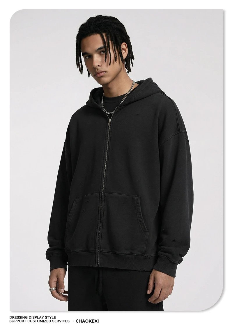 American High Street Cotton Zip Hoodie Retro Loose Men Taupe Khaki - Gallery Image 12 - Detailed View