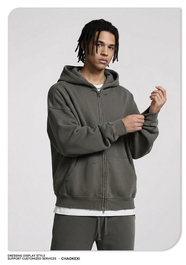 American High Street Cotton Zip Hoodie Retro Loose Men Taupe Khaki - Gallery Image 7 - Detailed View