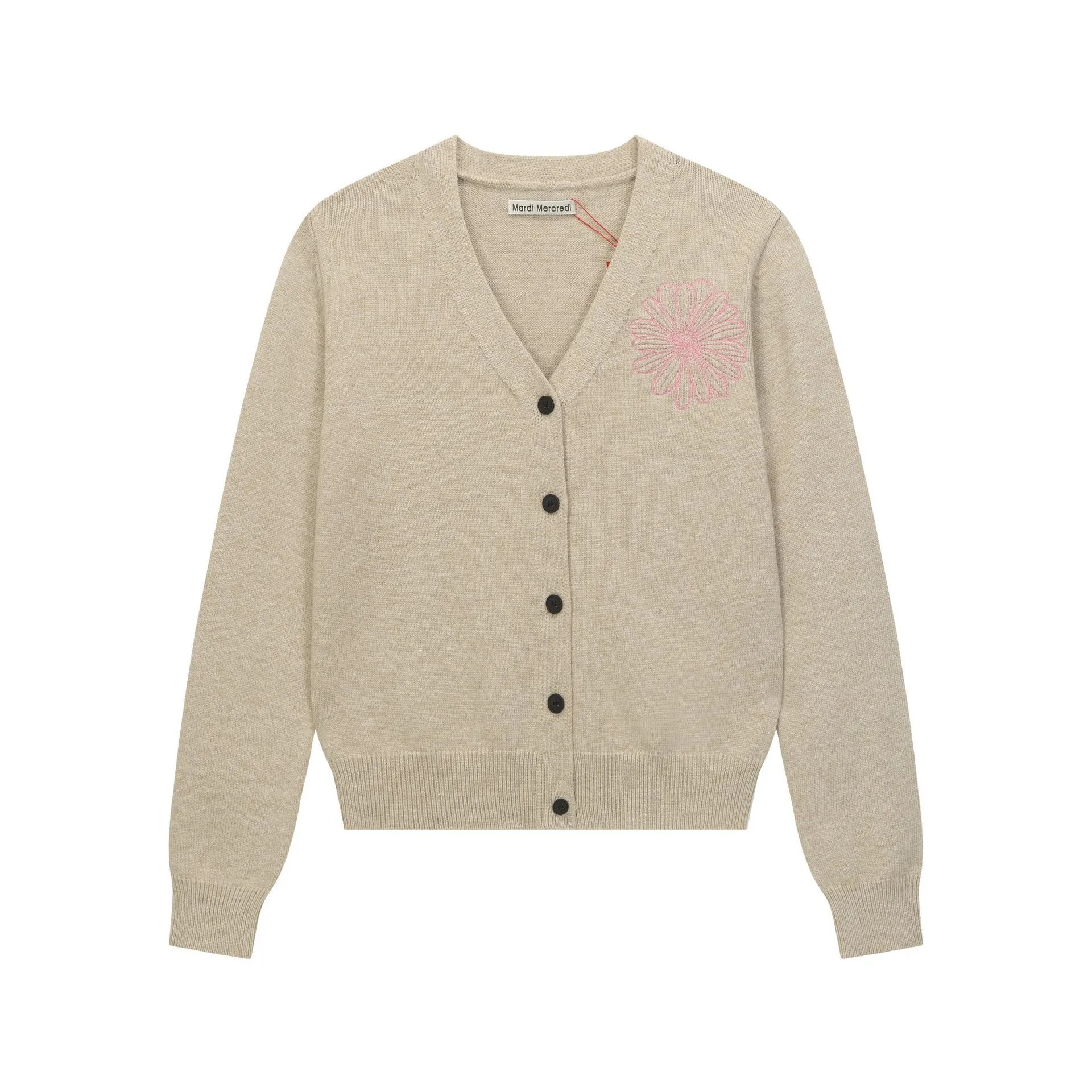 Women's V-Neck Knit Cardigan Daisy Embroidery Oatmeal - Related Product - Cnfans
