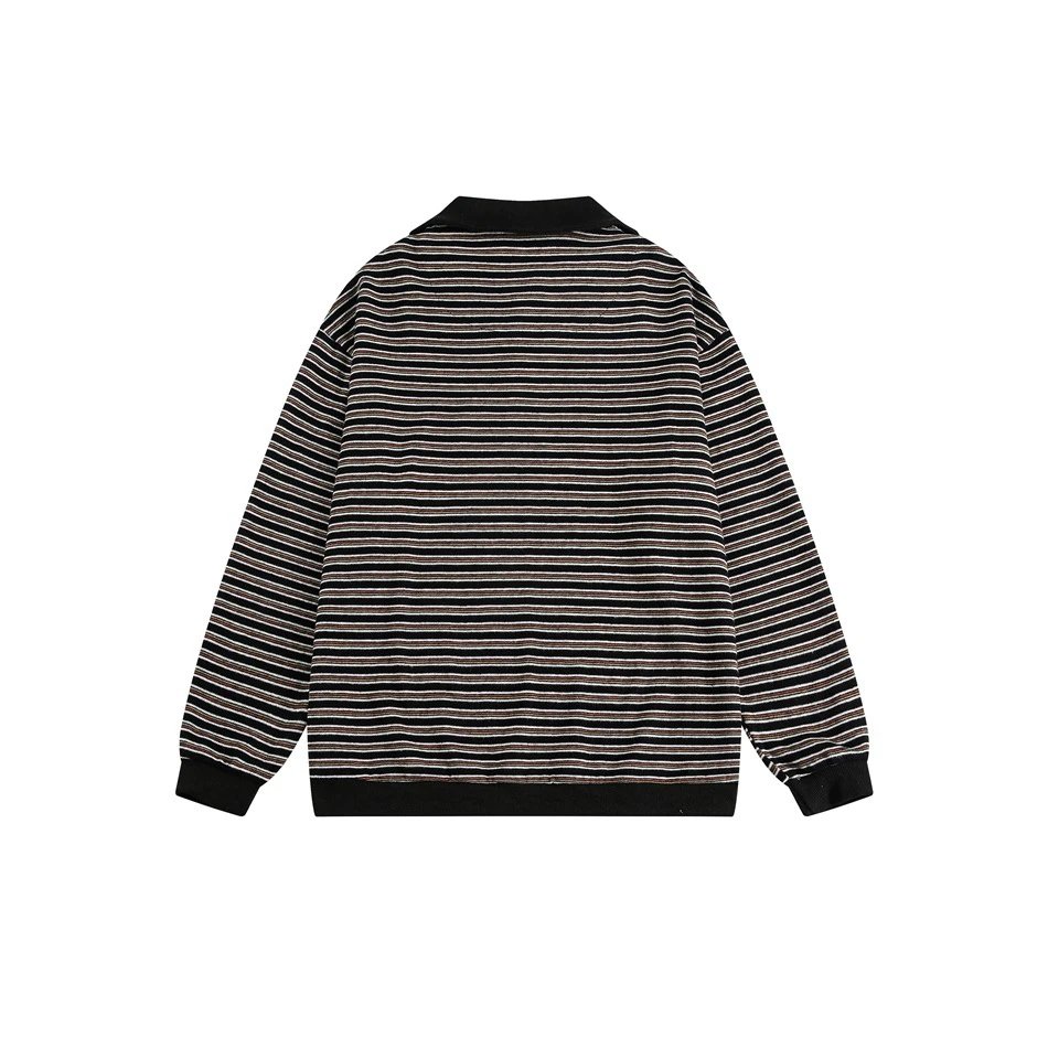 Oversized Striped Polo Shirt Unisex Long Sleeve Layered Obsidian - Gallery Image 9 - Detailed View