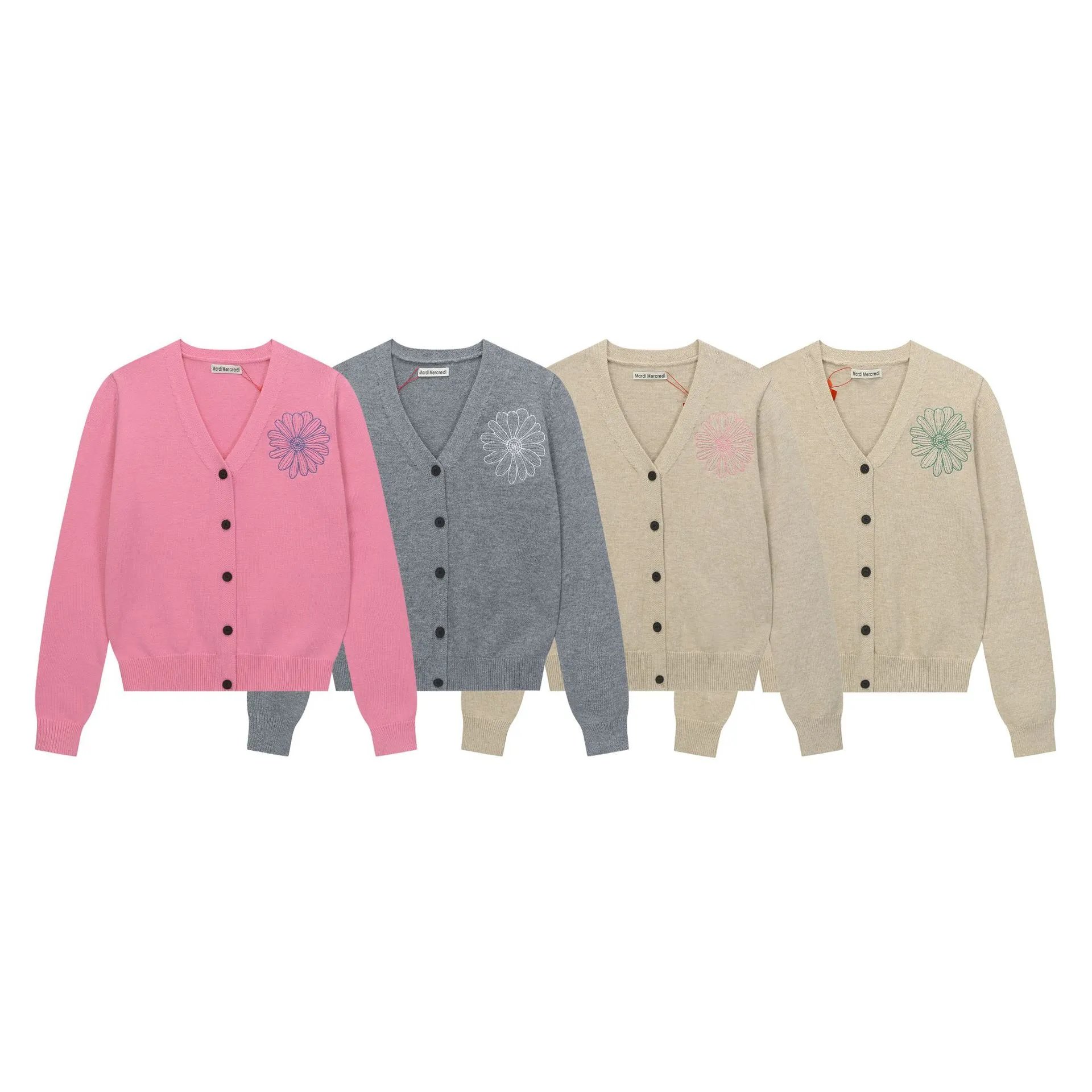 Women's V-Neck Knit Cardigan Daisy Embroidery Oatmeal - Gallery Image 1 - Detailed View