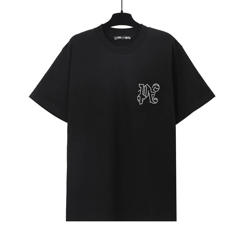 Unisex Streetwear Rhinestone Logo Cotton T-Shirt Jet Black - Palm Angels - Cnfans - $20.65