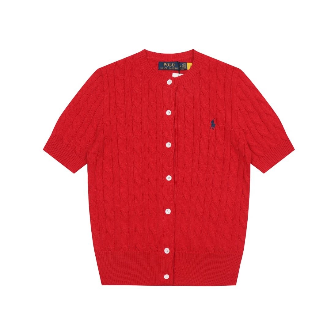 Knit Slim Fit Short Sleeve Cardigan Top Vermilion - Ralph Lauren - Cnfans - $28.06