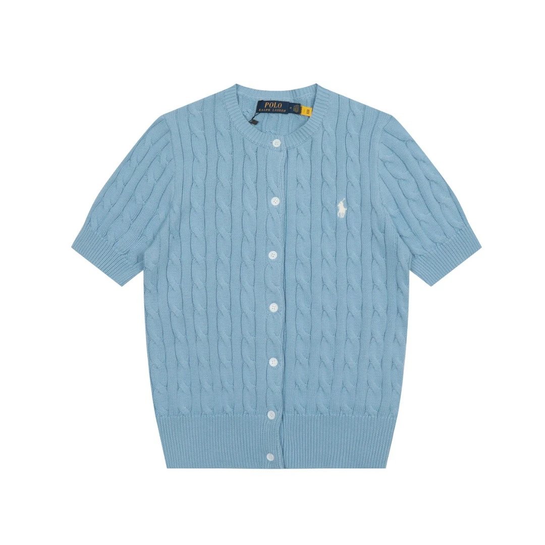 Knit Slim Fit Short Sleeve Cardigan Top Azure - Ralph Lauren - Cnfans - $28.06
