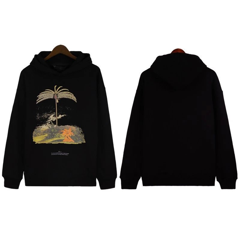 Street Palm Tree Cotton Hoodie Unisex Jet Black - Gallery Image 2 - Detailed View