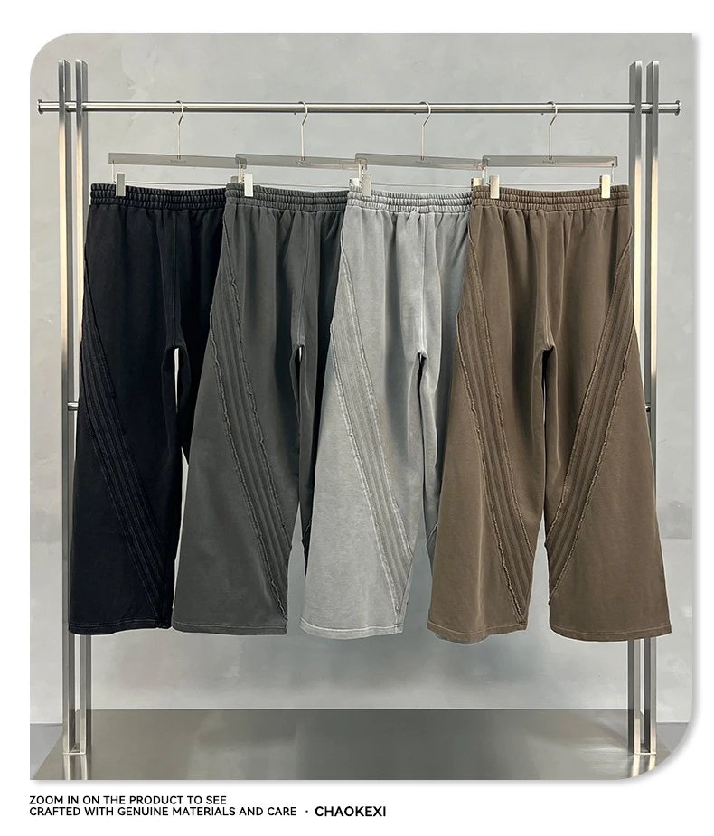 Men's Cotton Wide Leg Washed Pants, Oversize - Charcoal - Gallery Image 11 - Detailed View