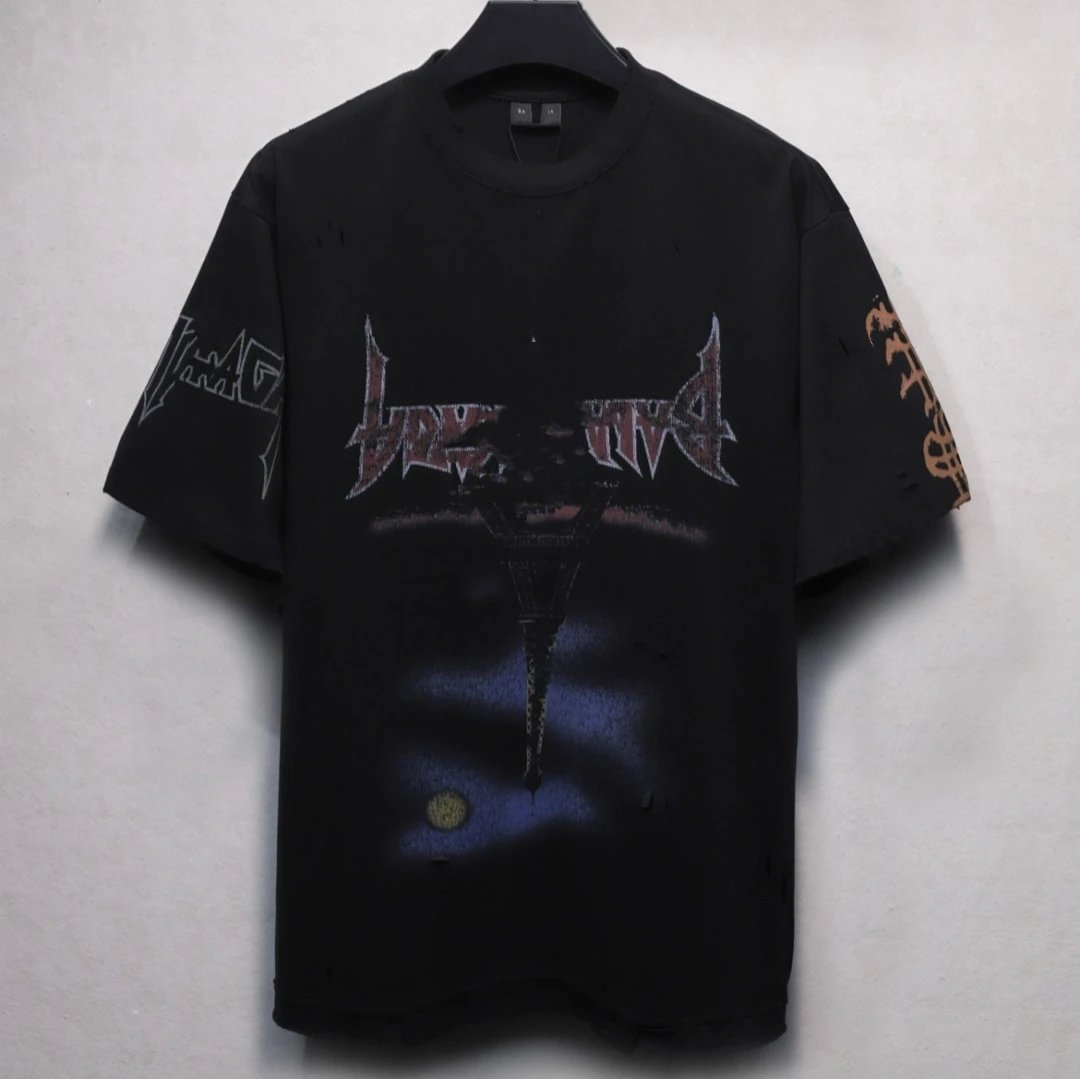 Balenciaga Paris Distressed Black Tee - Gallery Image 1 - Detailed View