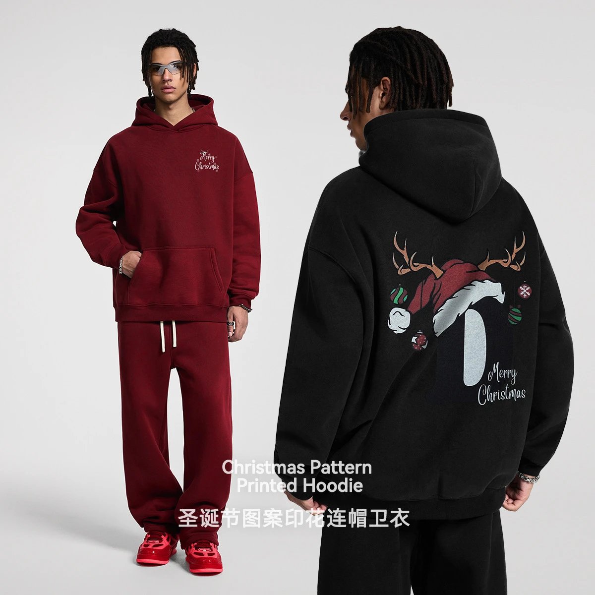 Christmas Reindeer Fleece Thermal Unisex Hoodie Burgundy - Gallery Image 1 - Detailed View