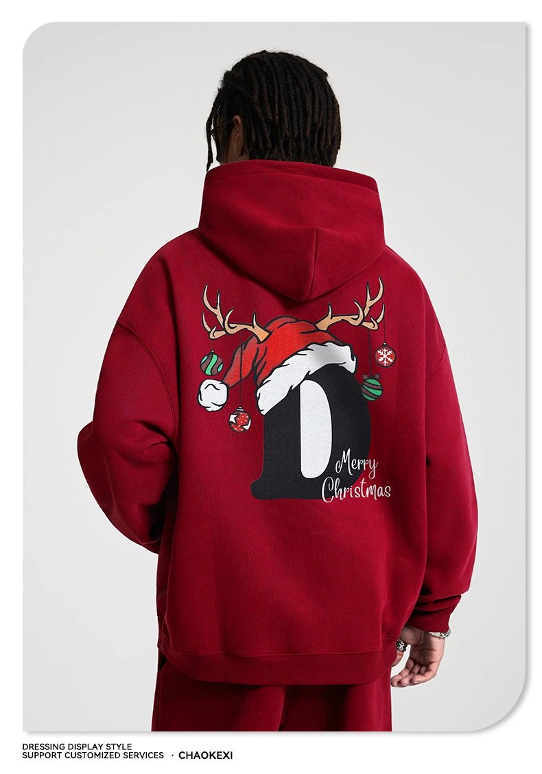 Christmas Reindeer Fleece Thermal Unisex Hoodie Burgundy - Gallery Image 9 - Detailed View