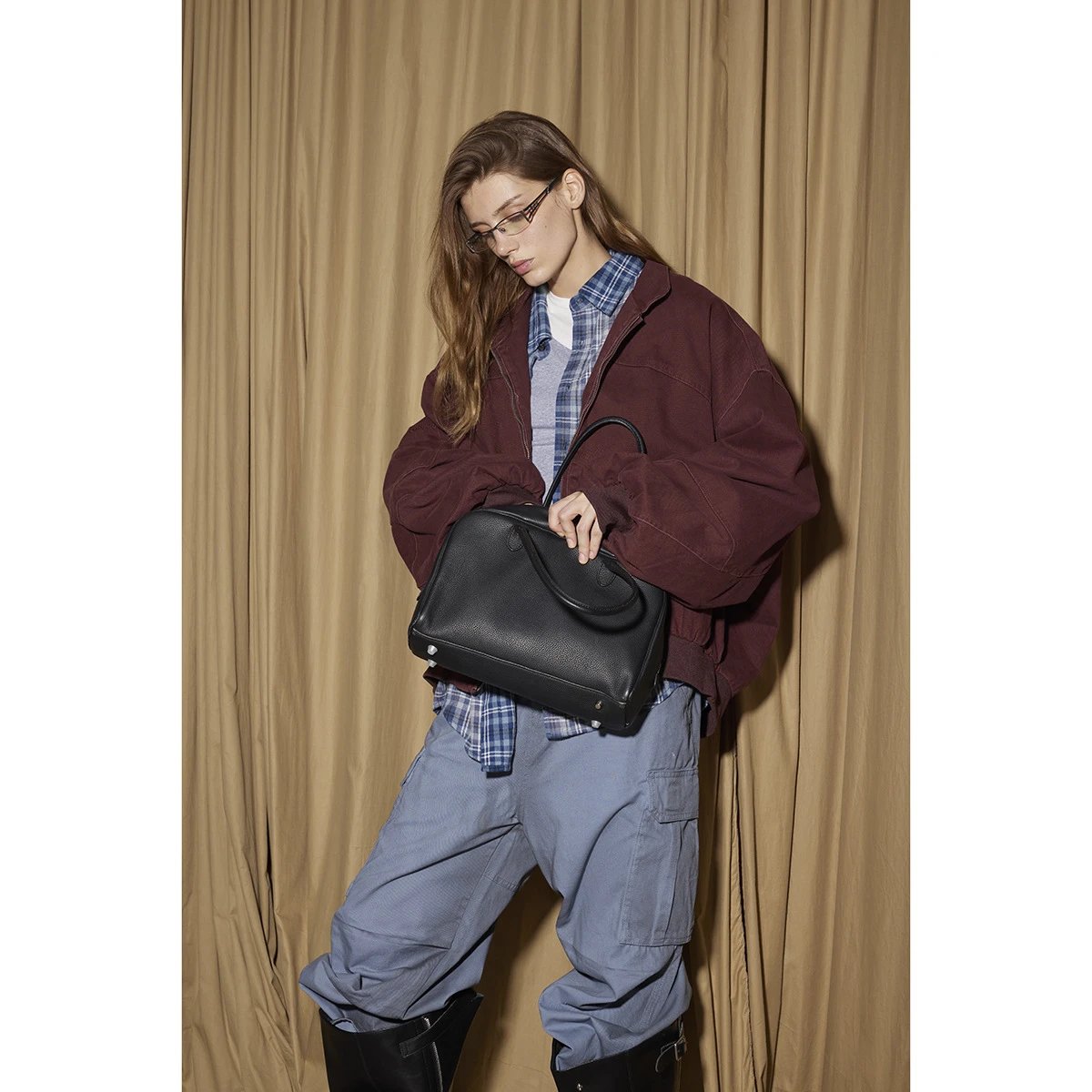 Unisex Retro Washed Loose Bomber Jacket Merlot - Gallery Image 2 - Detailed View