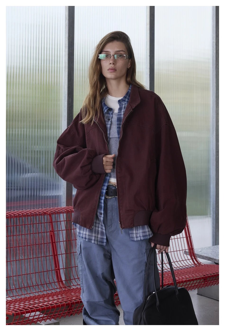 Unisex Retro Washed Loose Bomber Jacket Merlot - Gallery Image 1 - Detailed View
