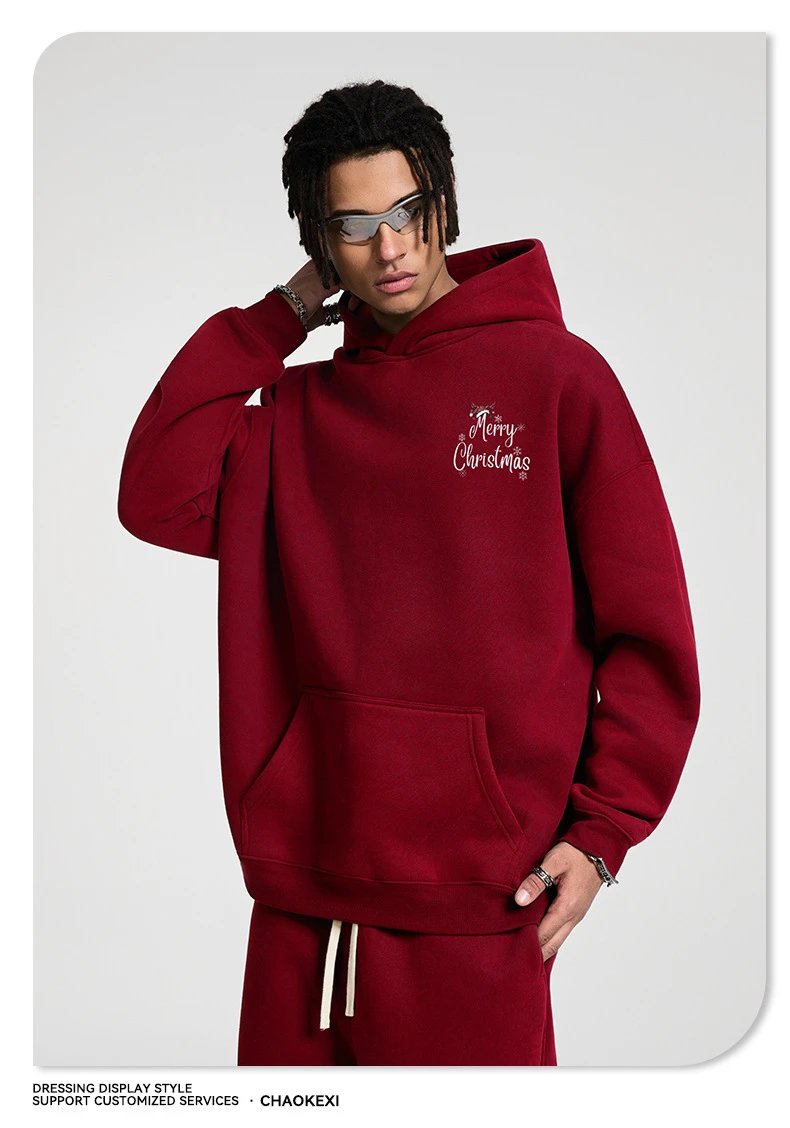 Christmas Reindeer Fleece Thermal Unisex Hoodie Burgundy - Gallery Image 10 - Detailed View