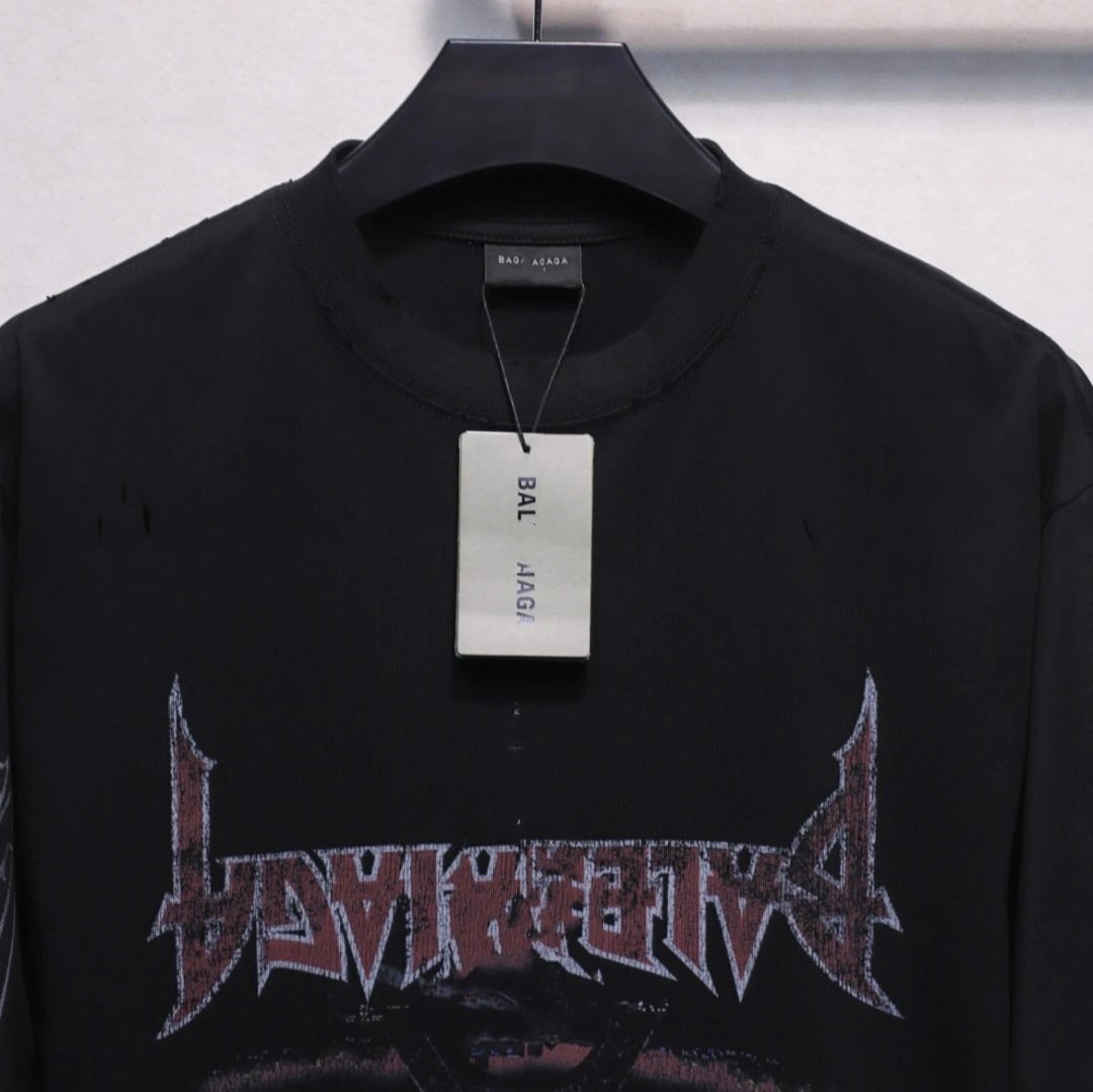 Balenciaga Paris Distressed Black Tee - Gallery Image 3 - Detailed View