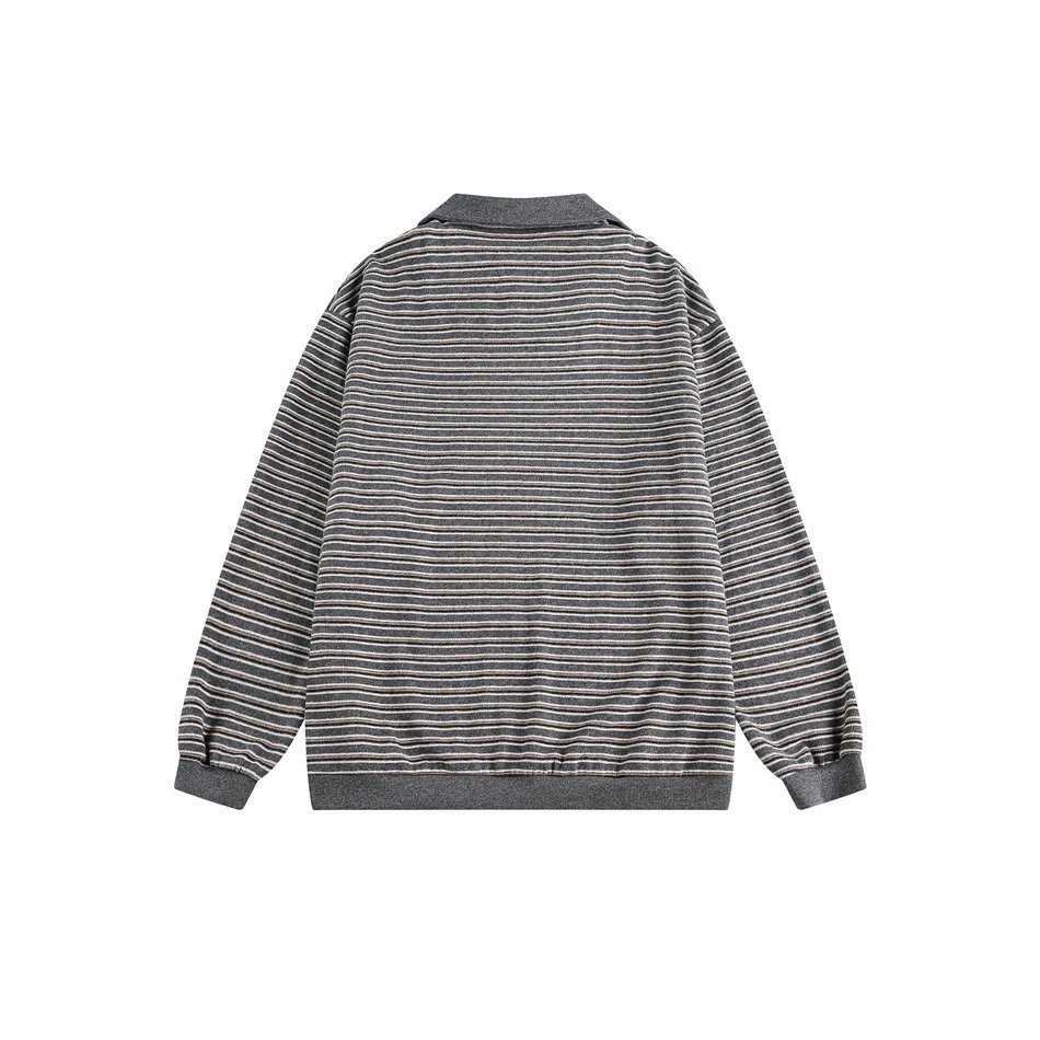 Oversized Striped Polo Shirt Unisex Long Sleeve Layered Obsidian - Gallery Image 11 - Detailed View