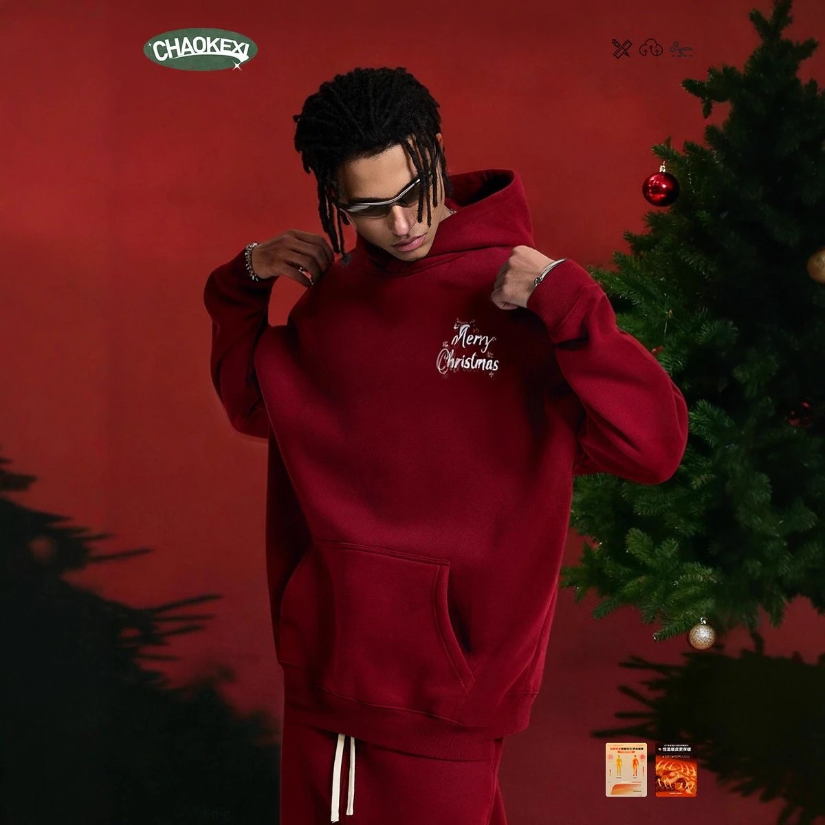 Christmas Reindeer Fleece Thermal Unisex Hoodie Burgundy - Gallery Image 3 - Detailed View