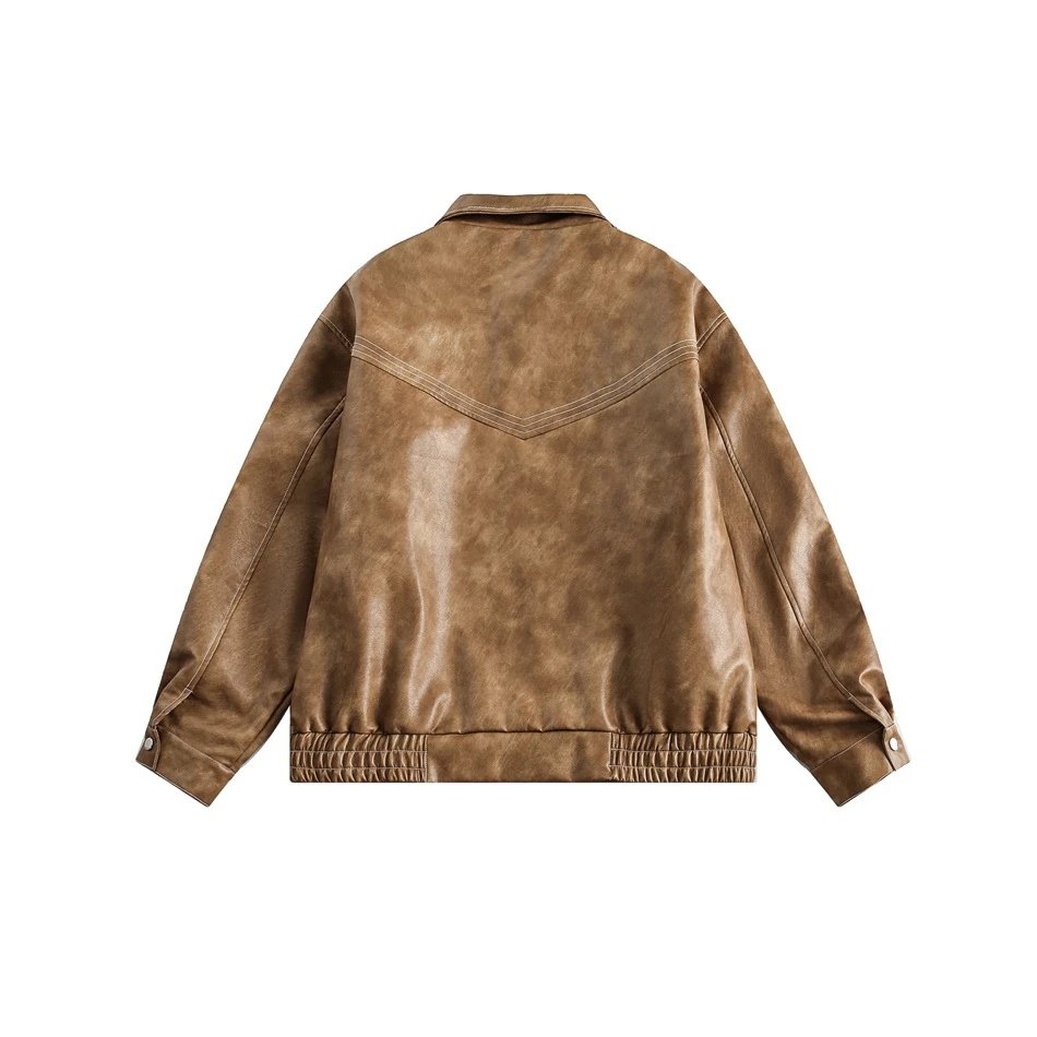 Men's Retro PU Leather Biker Jacket Spring Fall, Cognac - Gallery Image 5 - Detailed View