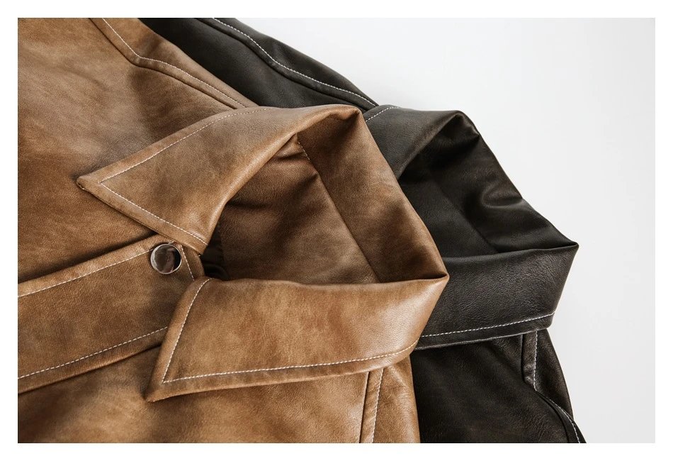 Men's Retro PU Leather Biker Jacket Spring Fall, Cognac - Gallery Image 8 - Detailed View