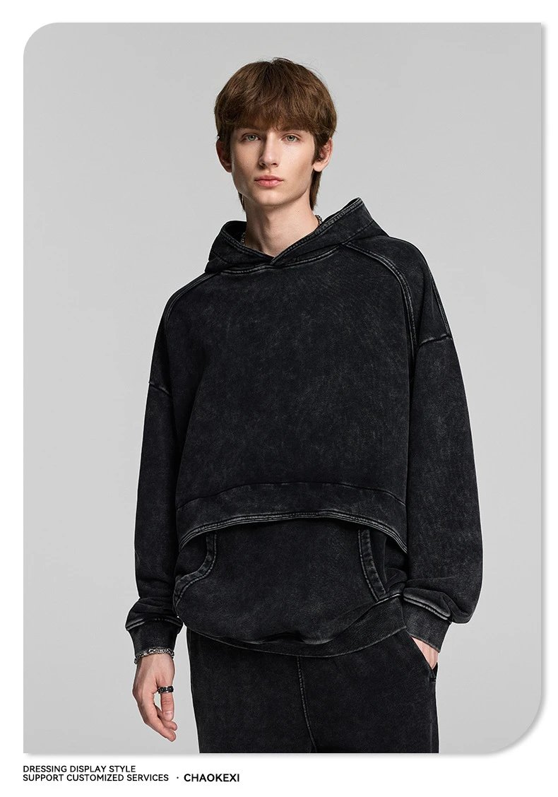 Men Heavyweight 430g Washed Pullover Hoodie Mud Gray - Gallery Image 5 - Detailed View