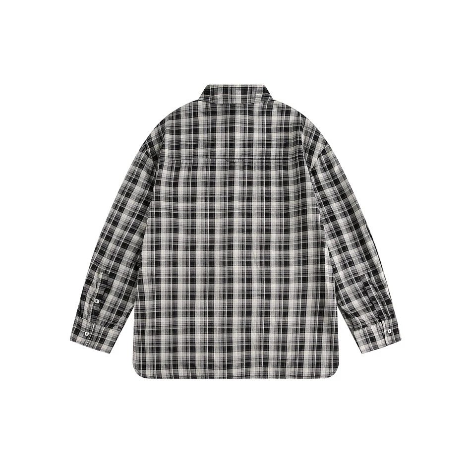 Unisex Retro Plaid Long Sleeve Button Shirt Fall Monochrome - Gallery Image 13 - Detailed View