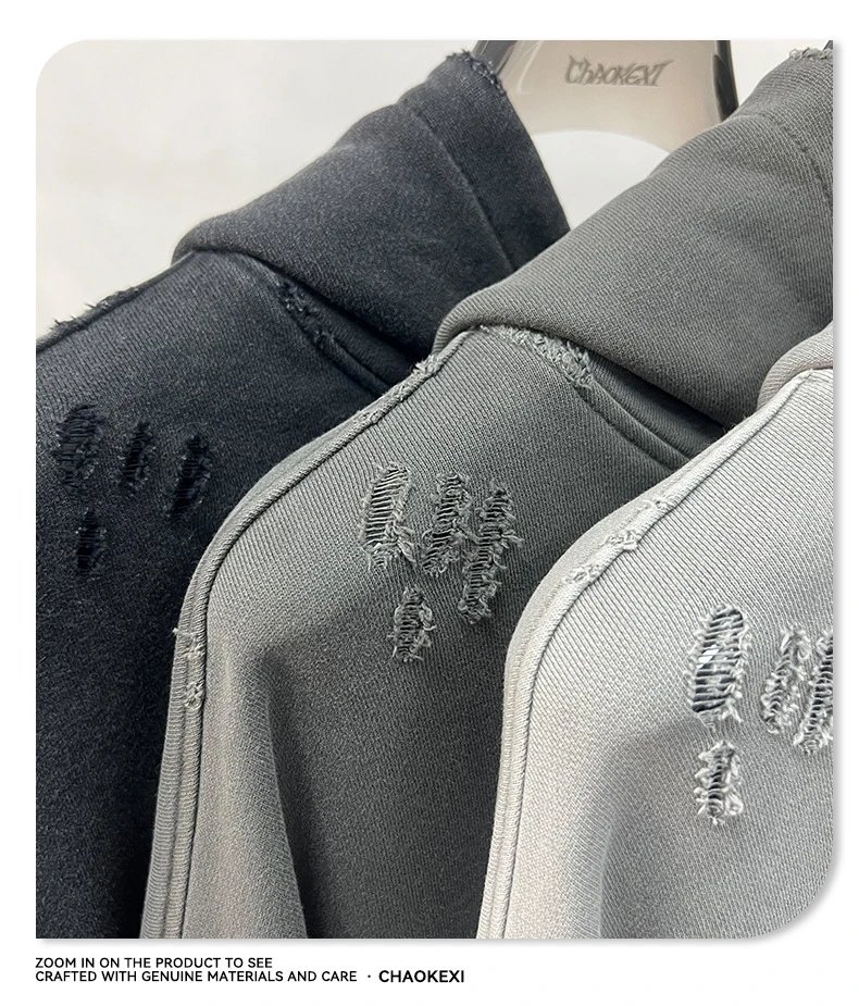 Men's Casual Terry Hoodie Set Autumn Washed Jet Black - Gallery Image 11 - Detailed View