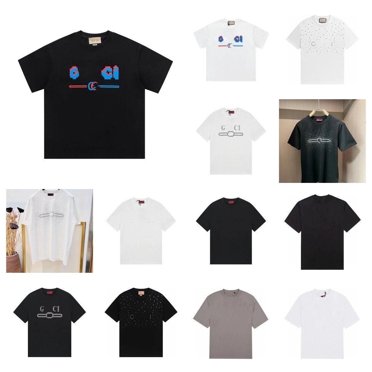 Casual Cotton Rhinestone Men's Tee - Off White - Gallery Image 1 - Detailed View