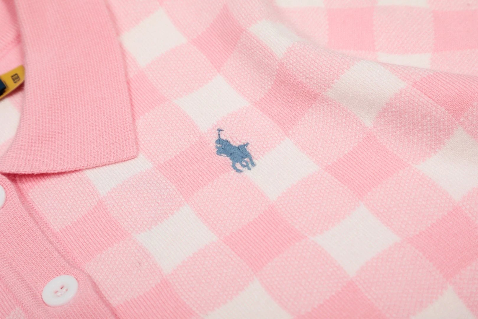 Gingham Knit Polo Top, Women's Short Sleeve, Rose - Gallery Image 14 - Detailed View