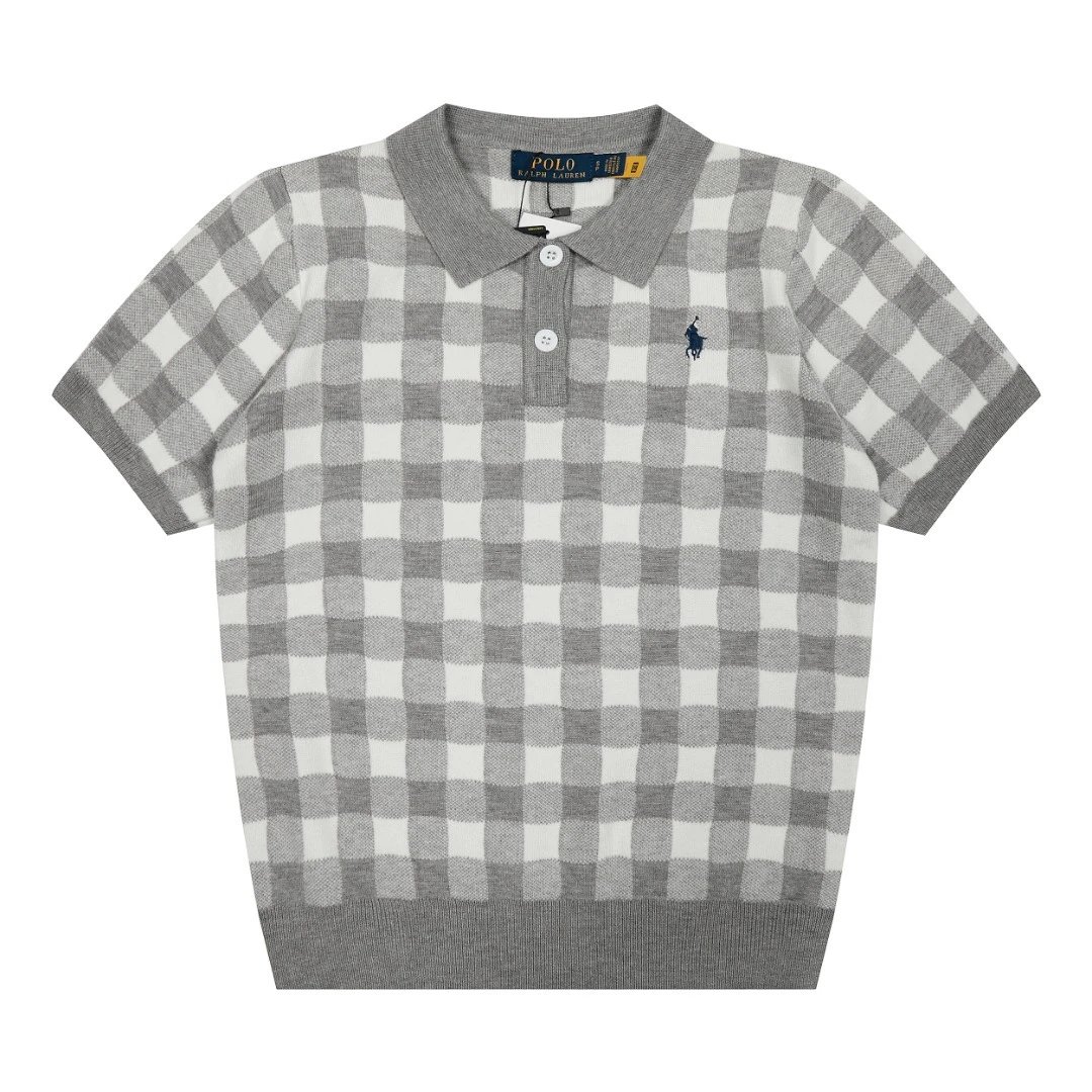 Classic Plaid Knit Polo Top, Autumnal Grey - Ralph Lauren - Cnfans - $28.06