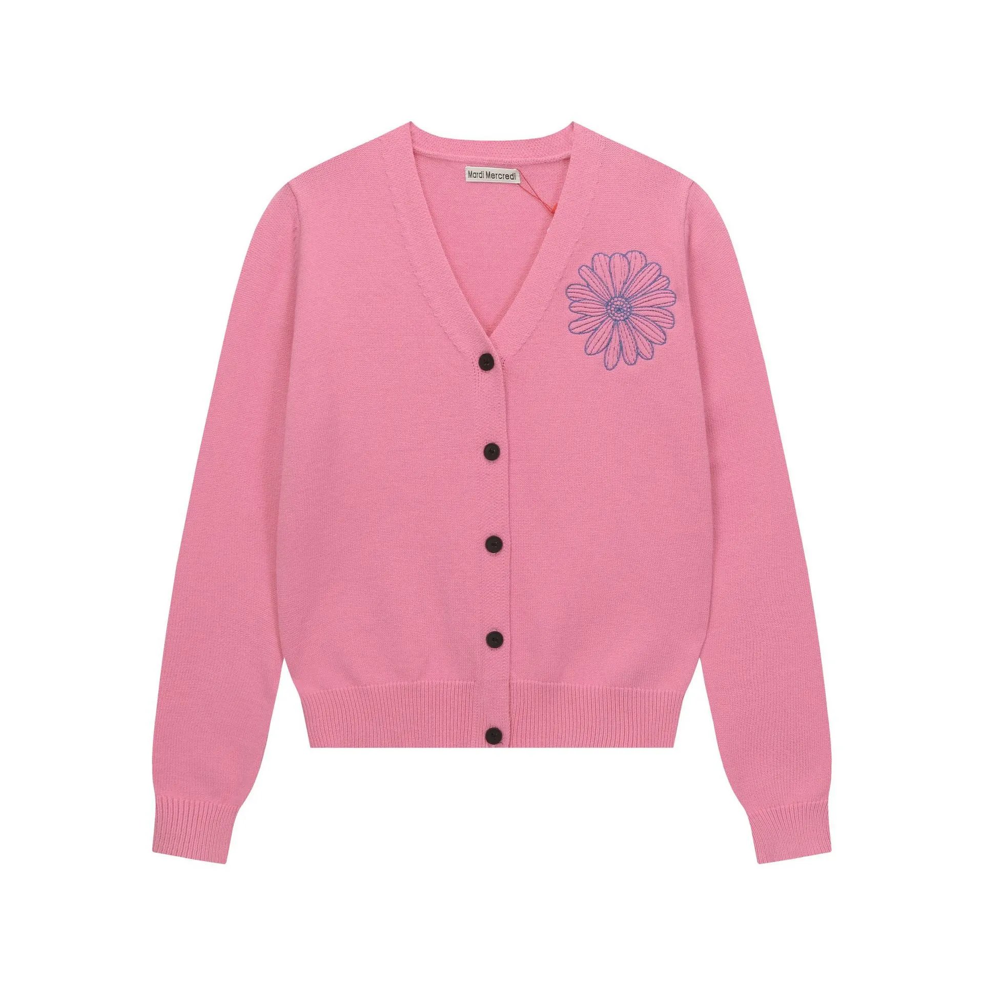Women's V-Neck Daisy Embroidered Knit Cardigan Cerise - High Quality Product Image - Cnfans