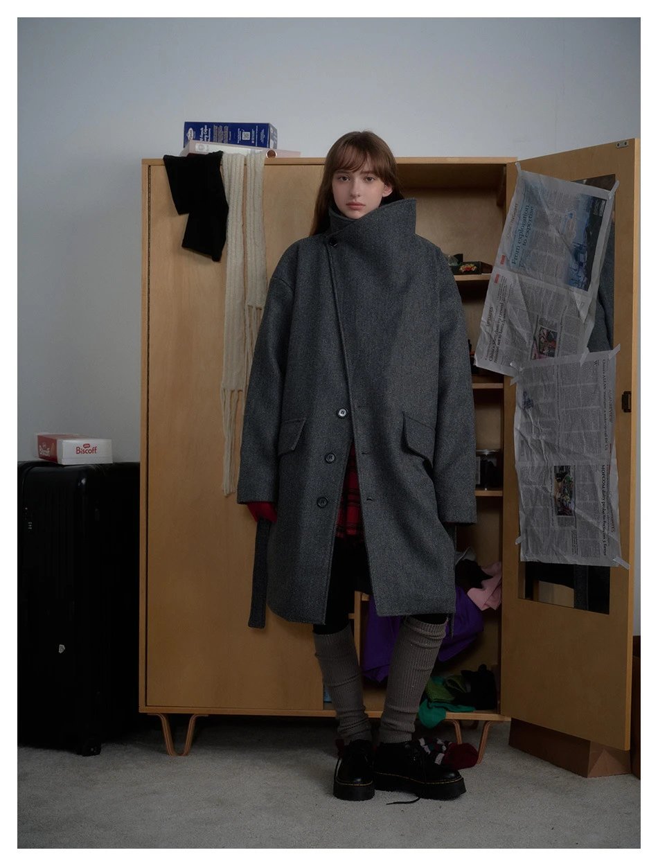 Unisex Oversized Wool Blend Winter Coat, Charcoal Grey - Gallery Image 2 - Detailed View