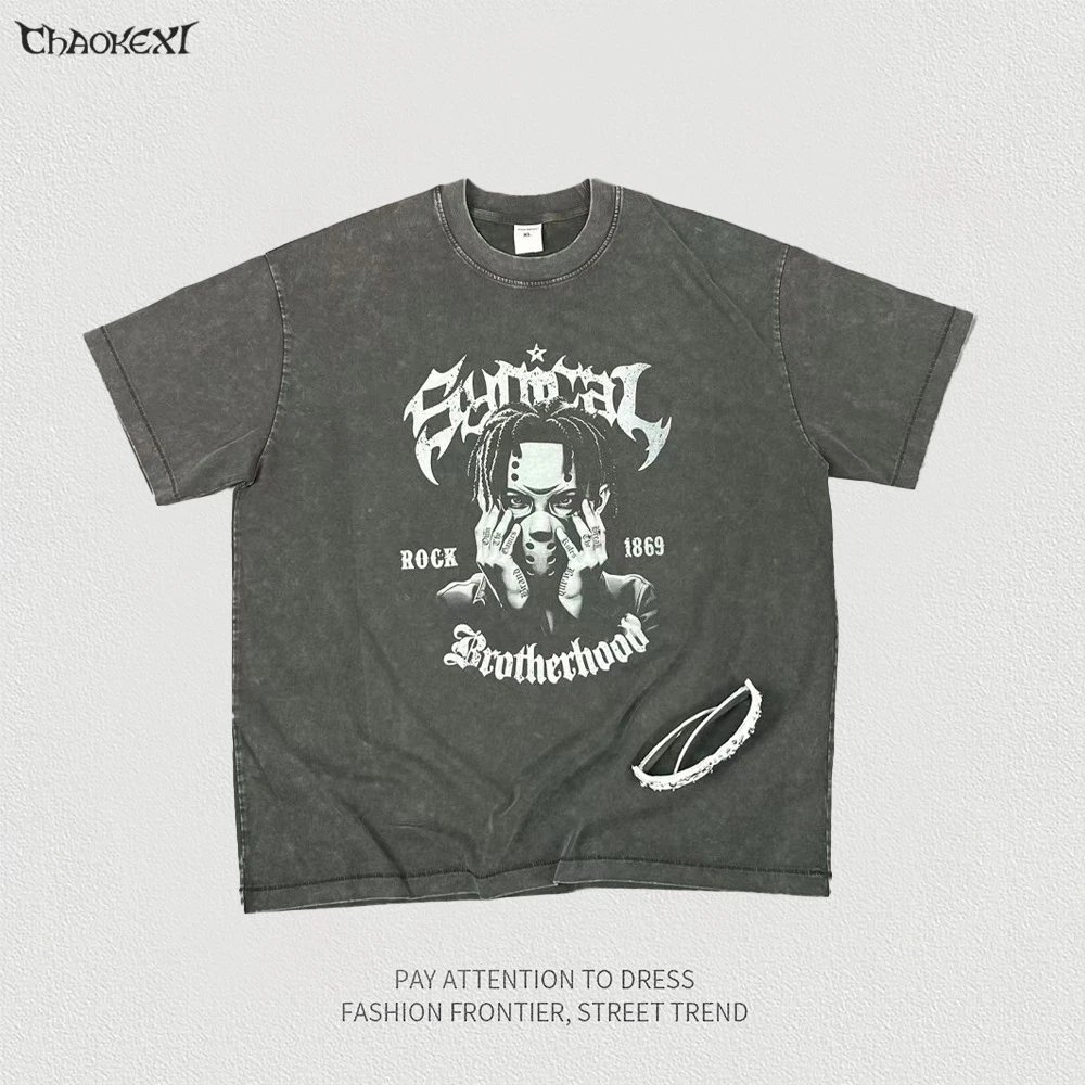 Street Cotton Graphic Tee Men's Short Sleeve, Charcoal - CHAOKEXI - Cnfans - $22.26